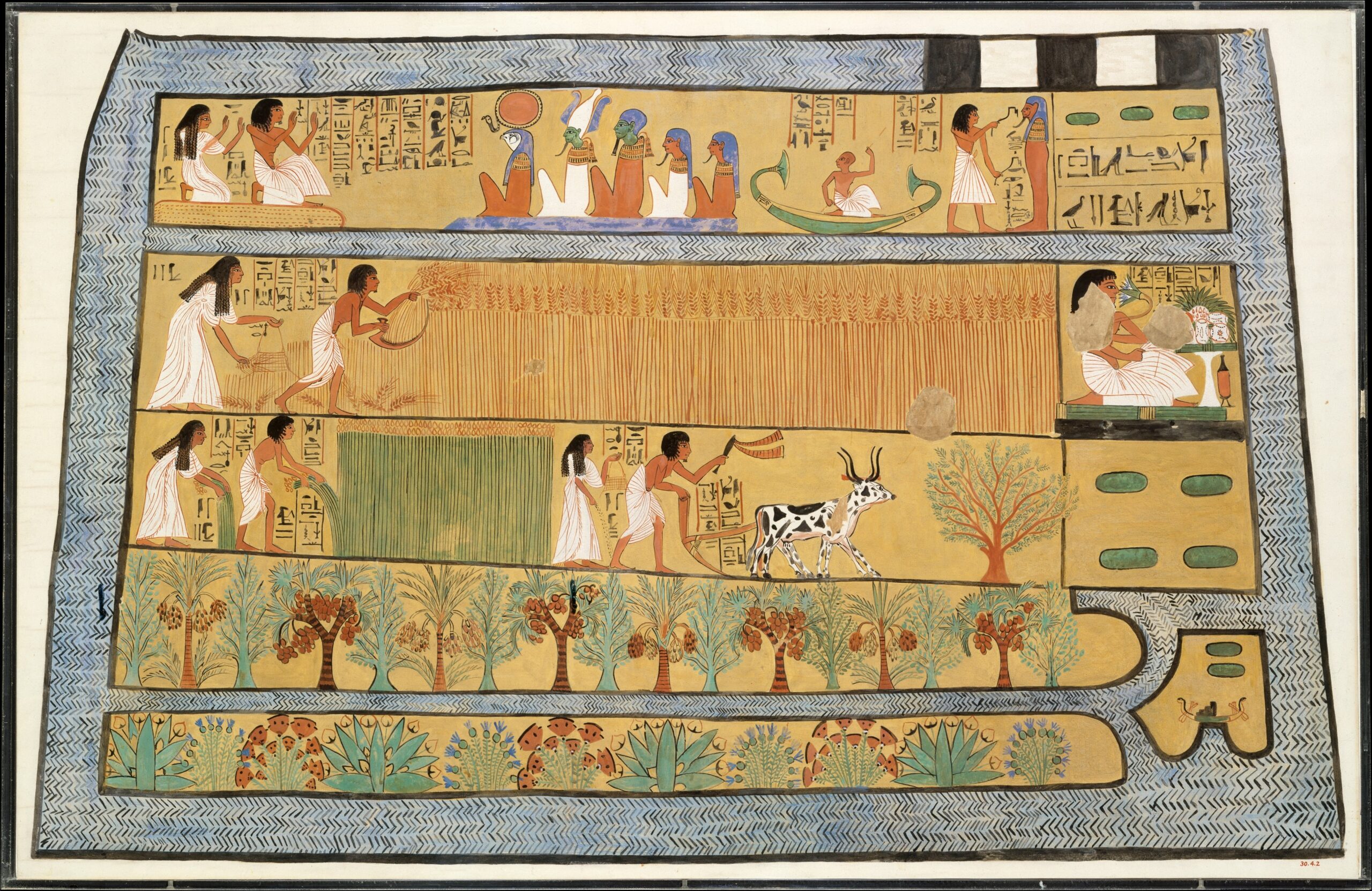 Ancient Egyptian tomb painting depicting linseed harvest.